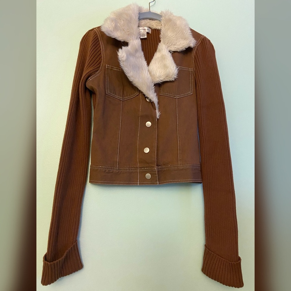 Brown Faux-Fur Button-Up Sweater Jacket